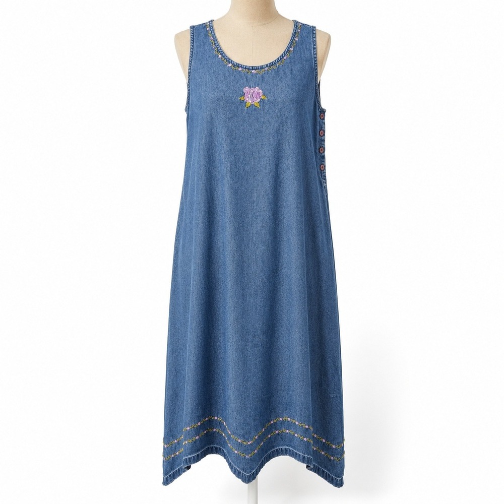 Vintage 90s Floral Embroidered Denim Maxi Dress M Sleeveless Western Cottagecore